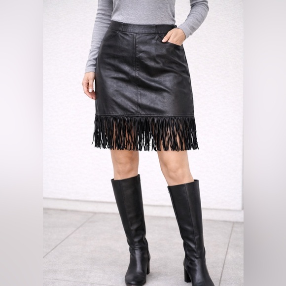 Boston Proper Dresses & Skirts - Boston Proper Black Leather Fringe Skirt Y2K/90’s Vintage